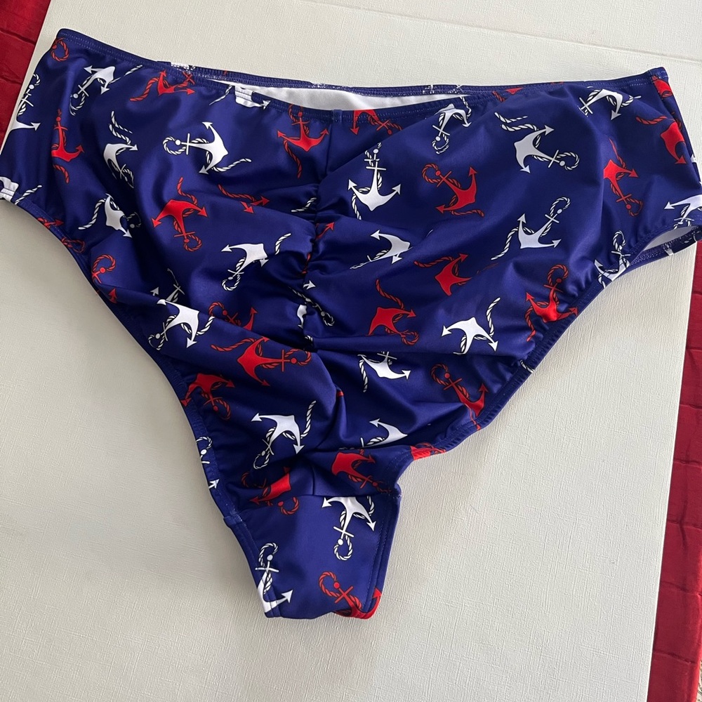 Curvy Beach Nautical Navy High Waist Swim Bottom - Picture 2 of 4
